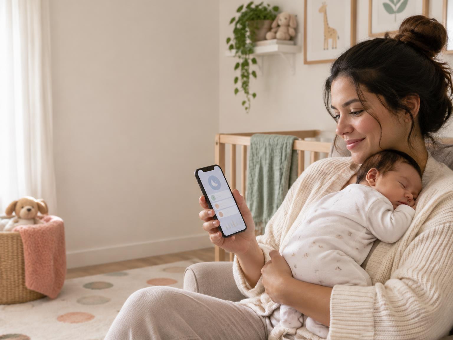 Mãe segura seu bebê enquanto consulta o Ninou no celular